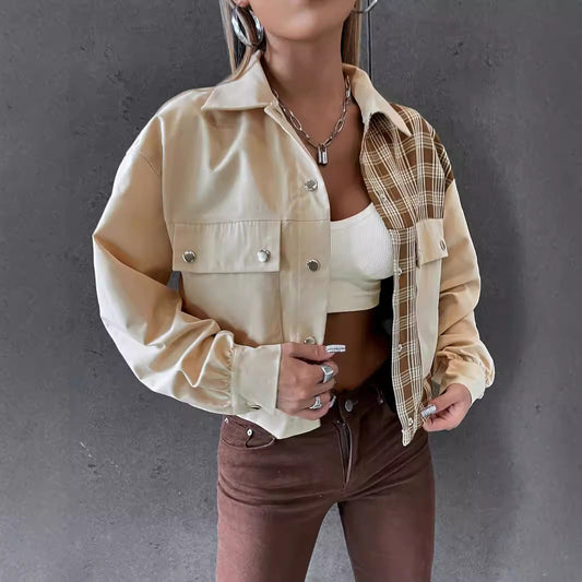 Women's crop utility jacket with checked sleeves and classic snap buttons NOVAE