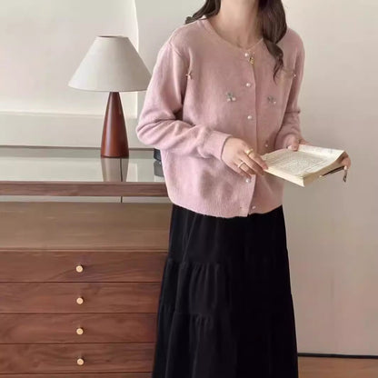 Women's cardigan with floral embroidery and pearl buttons NOVAE