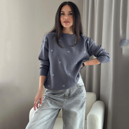 Women's autumnal knit sweater with heart pattern and comfortable cut NOVAE