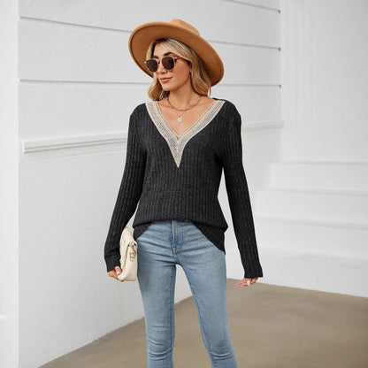 Women's V-neck knit sweater with romantic lace NOVAE