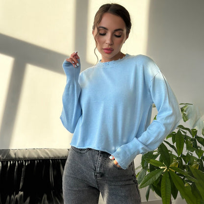 Women's casual sweater with a modern ribbed collar and trendy rip details NOVAE