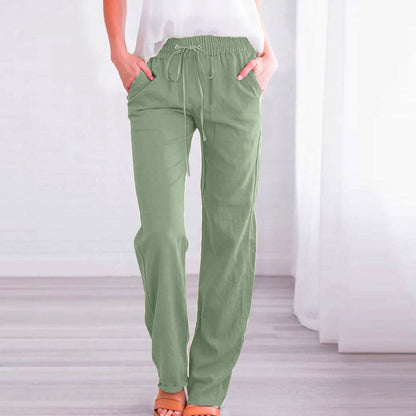Women's Comfortable Linen Trousers with Elastic Waistband and Pockets NOVAE