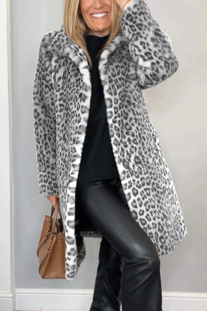 Women's Fluffy Leopard Print Jacket with High Collar NOVAE
