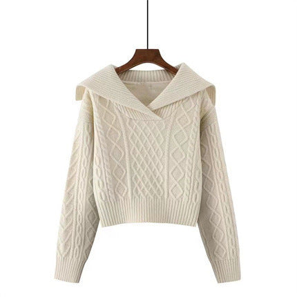 Women's knitted sweater with wide collar and sophisticated cable pattern NOVAE