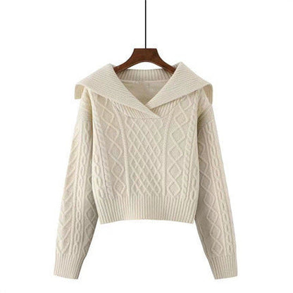 Women's knitted sweater with wide collar and sophisticated cable pattern NOVAE