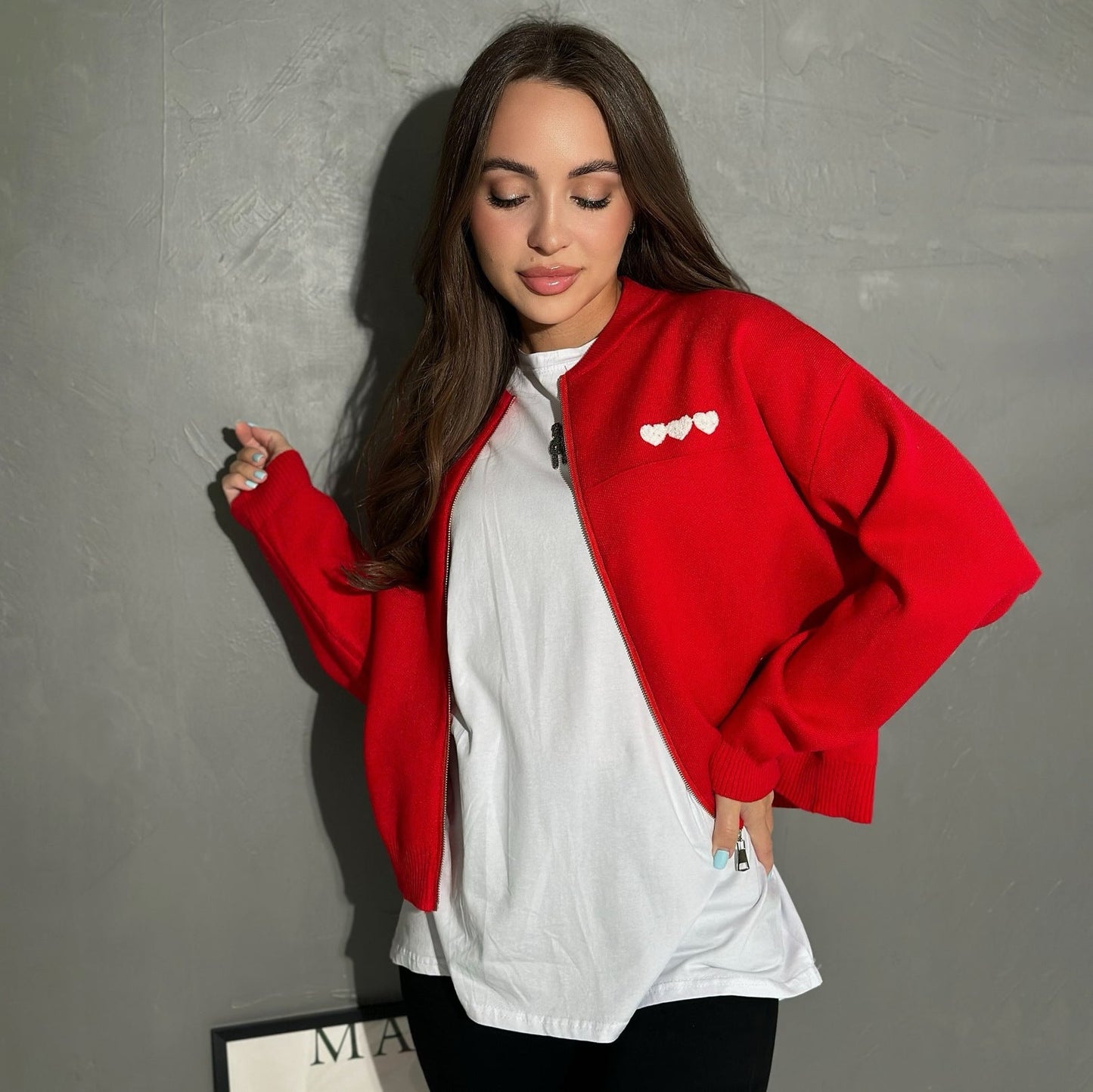 Women's casual short-sleeved cardigan with heart appliqués NOVAE