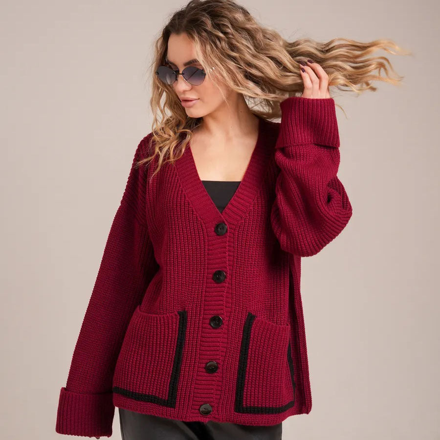 Women's chunky knit cardigan with large pockets and decorative button NOVAE