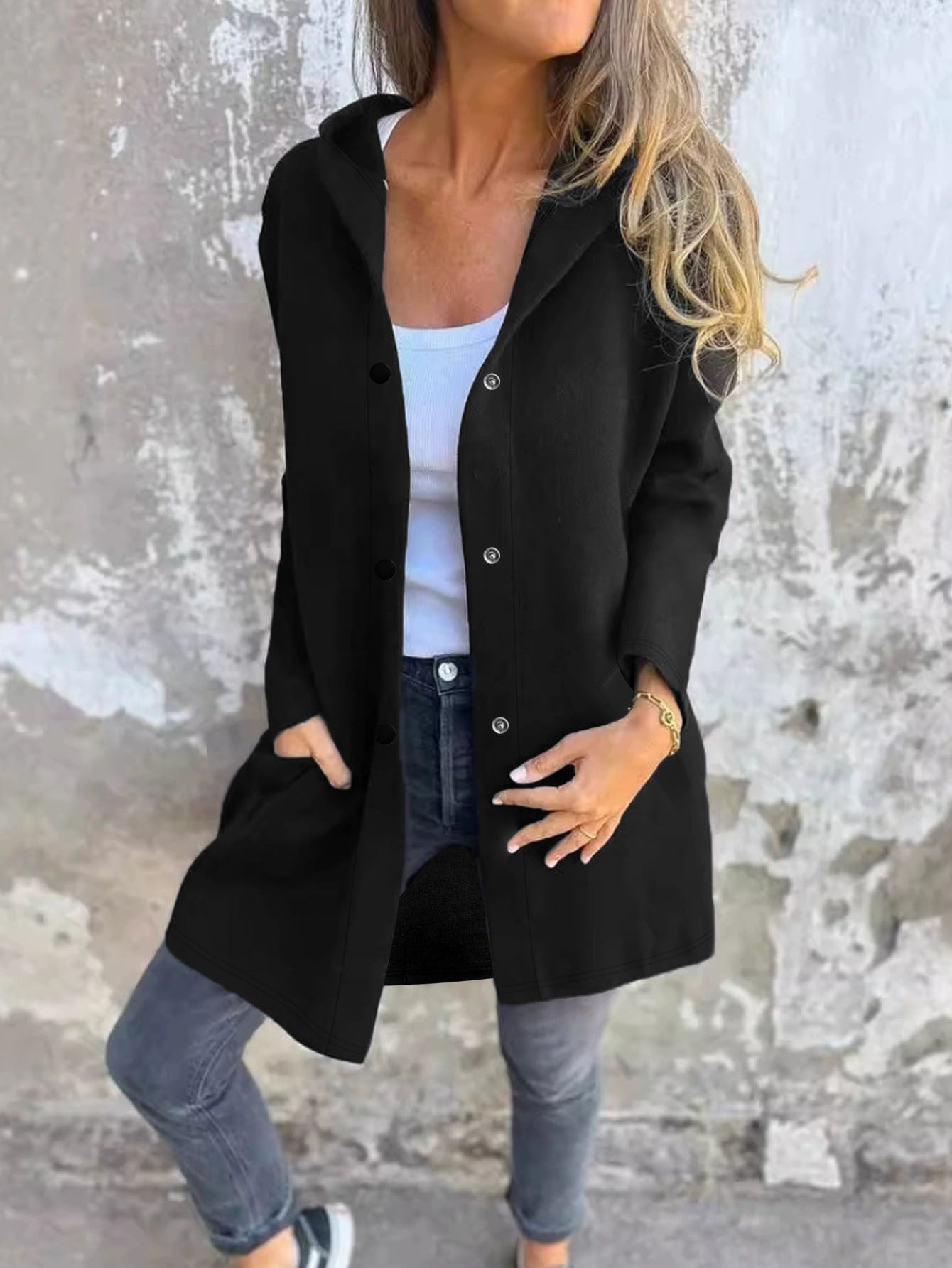 Women's fashionable long cardigan with hood and practical pockets NOVAE