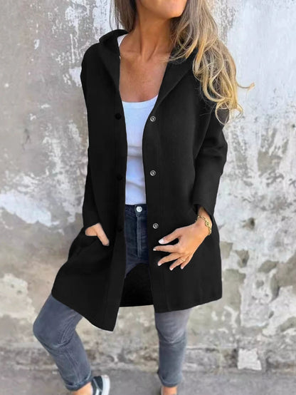 Women's fashionable long cardigan with hood and practical pockets NOVAE