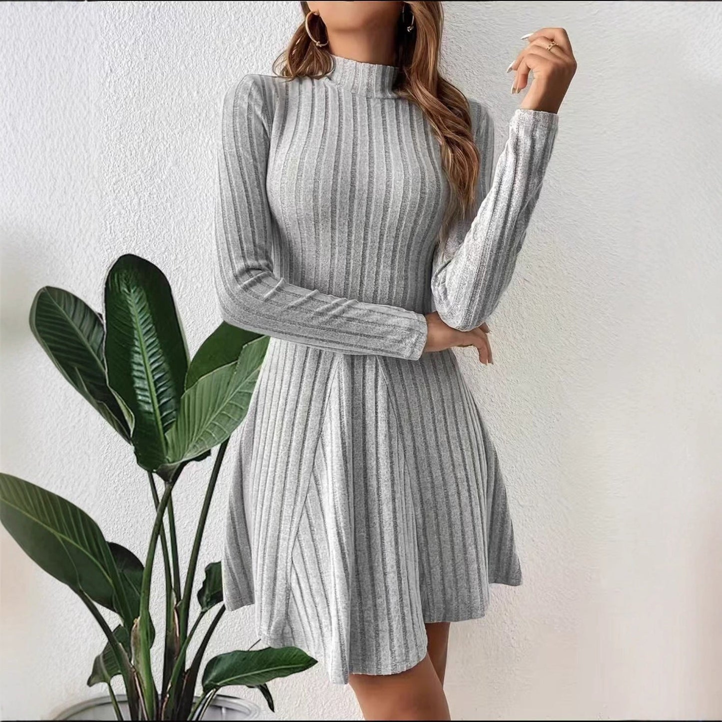 Women's knit dress with elegant stand-up collar and fine rib structure NOVAE