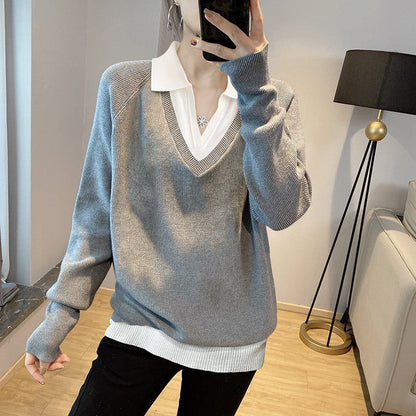 Women's V-neck layered sweater with collar NOVAE