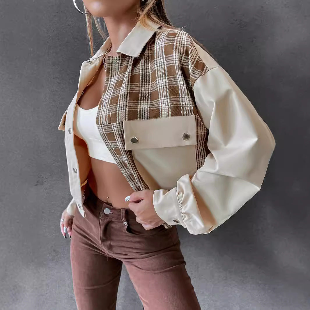 Women's crop utility jacket with checked sleeves and classic snap buttons NOVAE