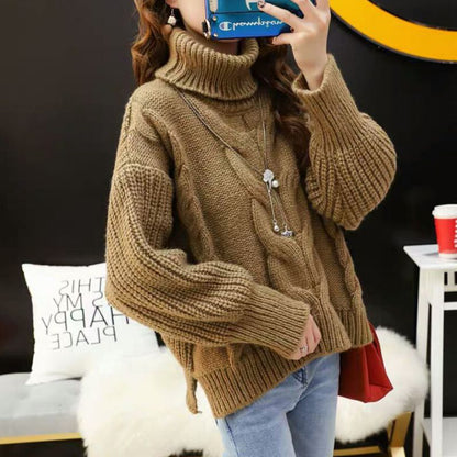 Women's chunky knit sweater with high roll neck and modern cable pattern NOVAE