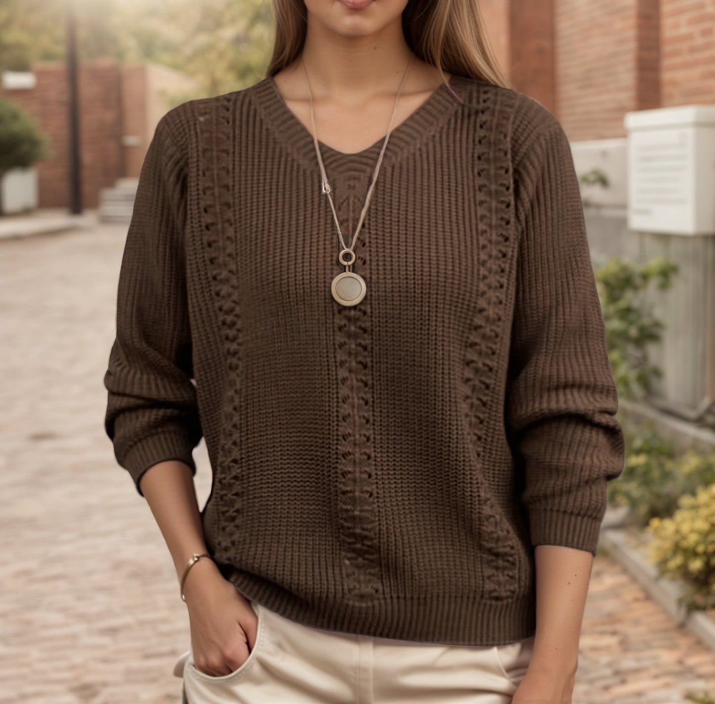 Women's V-neck knit sweater with textured finish NOVAE