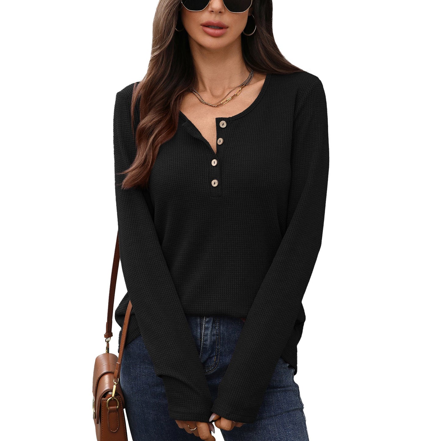 Women's waffle knit long-sleeved shirt with button placket NOVAE