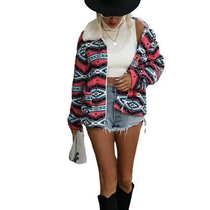 Women's fleece jacket in Navajo design with soft collar and patch pockets NOVAE