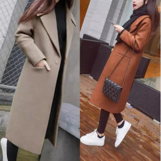 Women's Elegant Long Coat with Classic Lapels and Pockets NOVAE