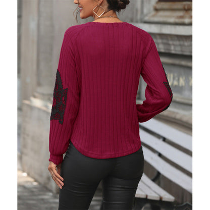 Women's V-neck sweater with elegant lace sleeves and ribbed texture NOVAE
