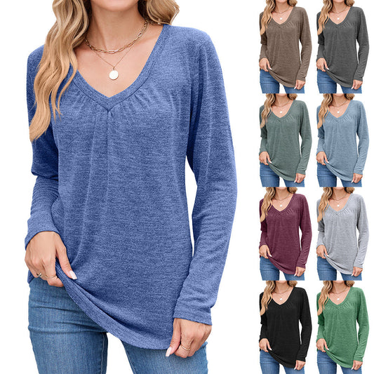 Women's casual long-sleeved shirt with V-neck and pleat detail NOVAE