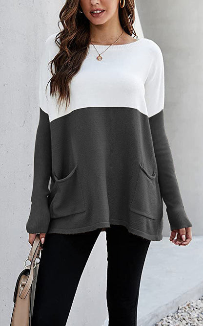 Women's knit sweater with large front pockets and contrasting design NOVAE