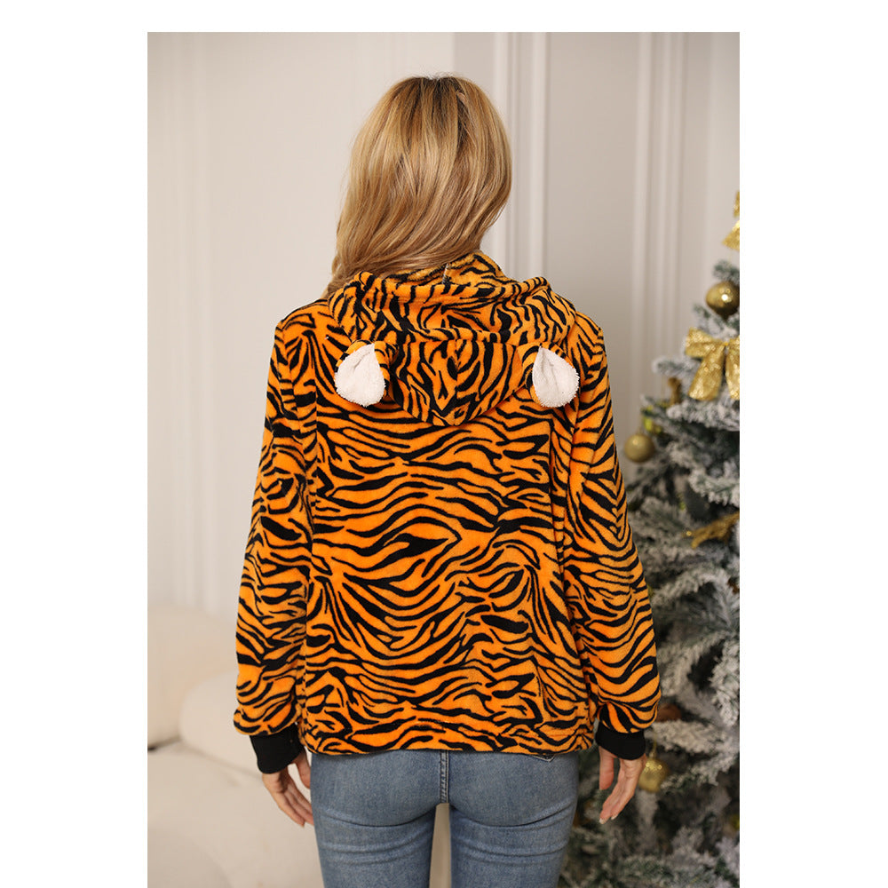 Women's plush jacket in tiger design with high collar and side pockets NOVAE