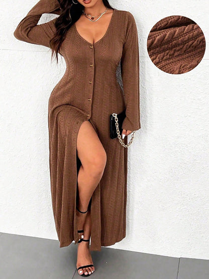 Women's maxi dress with button placket and elegant slit NOVAE