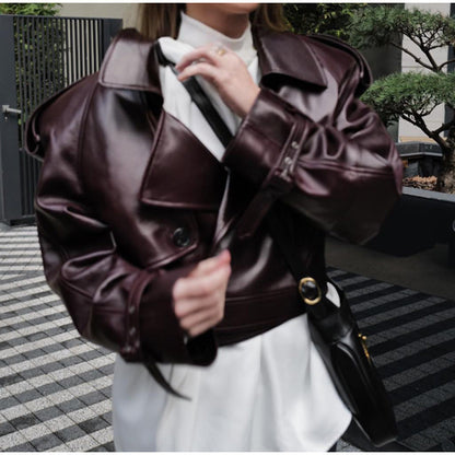 Women's trendy faux leather jacket with broad shoulders and classic collar NOVAE