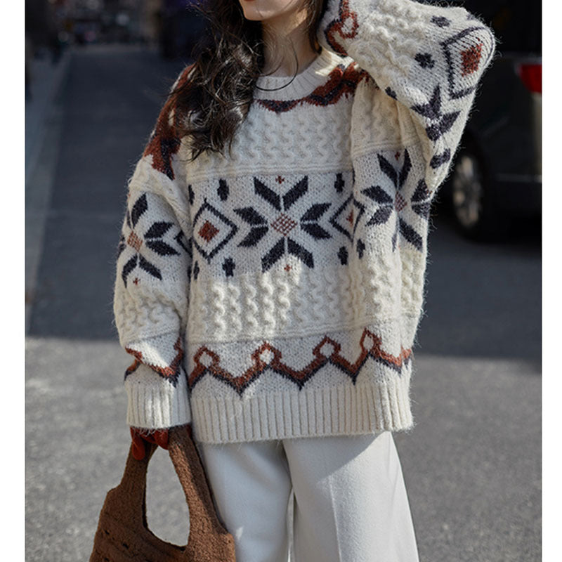 Women's chunky knit sweater with geometric pattern and round neckline NOVAE