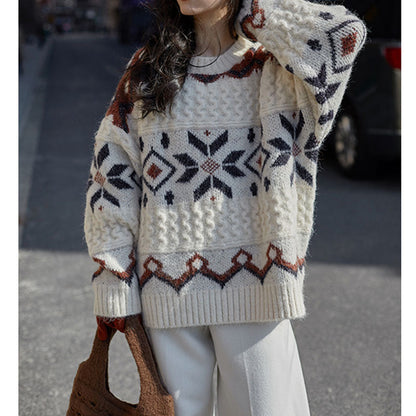Women's chunky knit sweater with geometric pattern and round neckline NOVAE