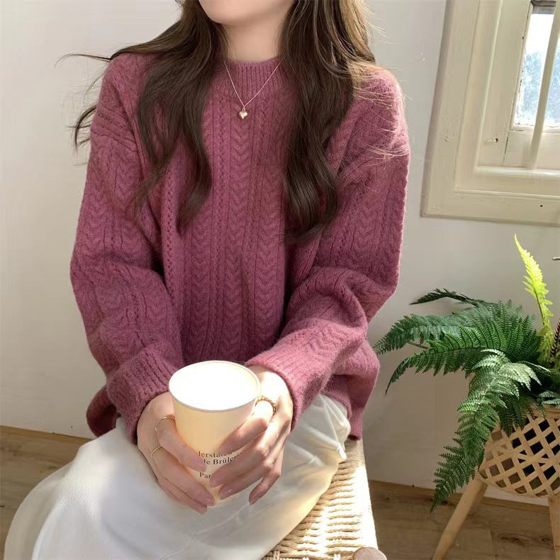 Women's chunky knit sweater with modern cable pattern and high round neckline NOVAE