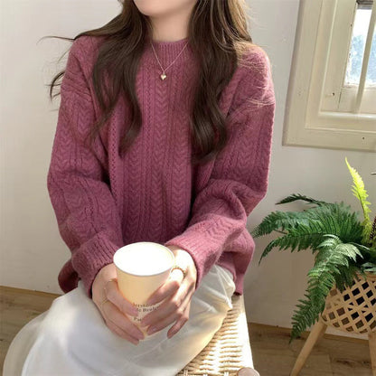 Women's chunky knit sweater with modern cable pattern and high round neckline NOVAE