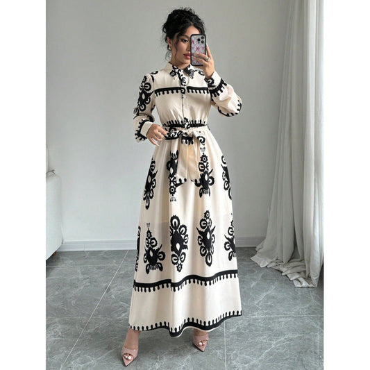 Women's long-sleeved maxi dress with elegant button design and adjustable waist belt NOVAE