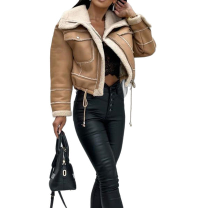 Women's trendy and cozy lambskin jacket with detachable collar NOVAE