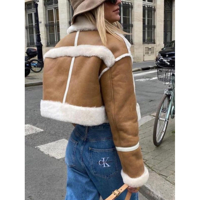 Women's short leather jacket with faux fur trim NOVAE