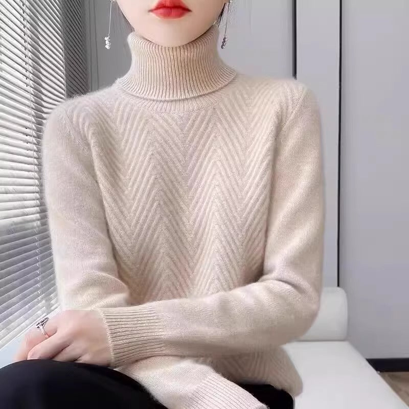 Women's elegant knit sweater with stand-up collar and fine rib texture NOVAE