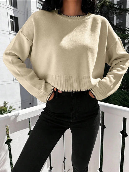 Women's casual cropped pullover with fine ribbing and elasticated waistband NOVAE