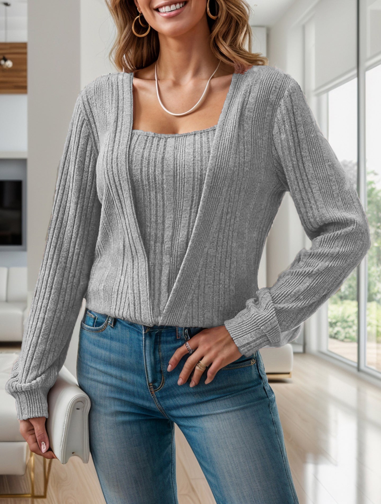 Women's casual knit sweater with deep V-neck and ribbed texture NOVAE