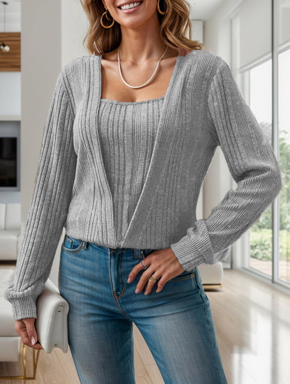 Women's casual knit sweater with deep V-neck and ribbed texture NOVAE