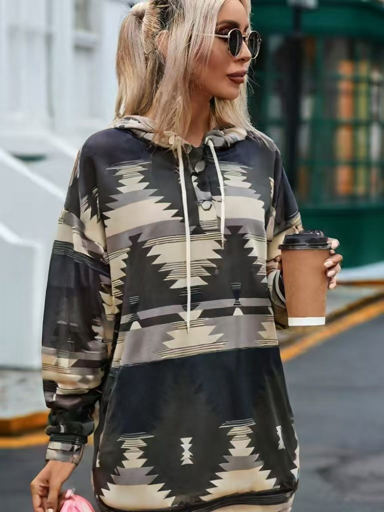 Women's hooded sweatshirt with creative color pattern and practical buttons NOVAE