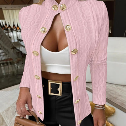 Women's Elegant Knit Blazer with Gold Buttons and Stand-Up Collar NOVAE