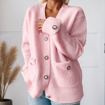 Women's chunky knit cardigan with practical pockets and elegant button details NOVAE
