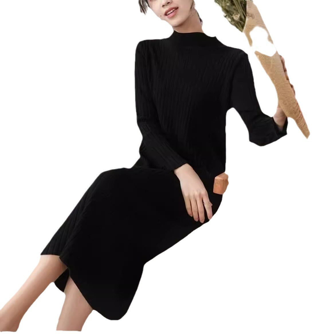 Women's knit dress with fine ribbing and high collar NOVAE