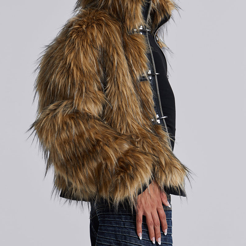 Women's Patterned and Soft Faux Fur Jacket with Hood NOVAE