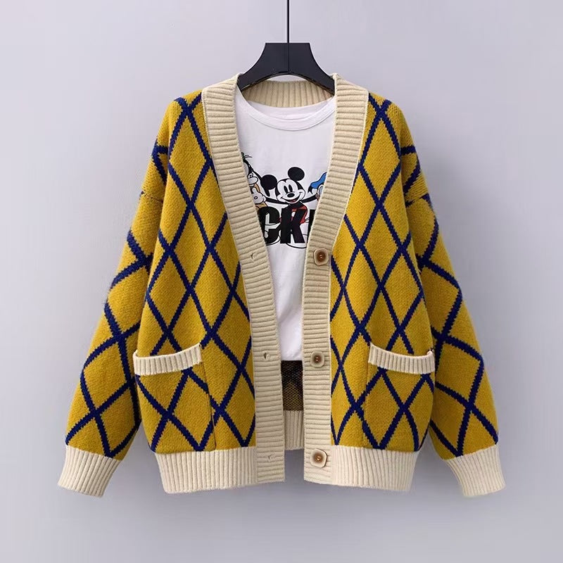 Women's chunky knit cardigan with check pattern NOVAE