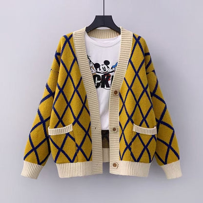 Women's chunky knit cardigan with check pattern NOVAE