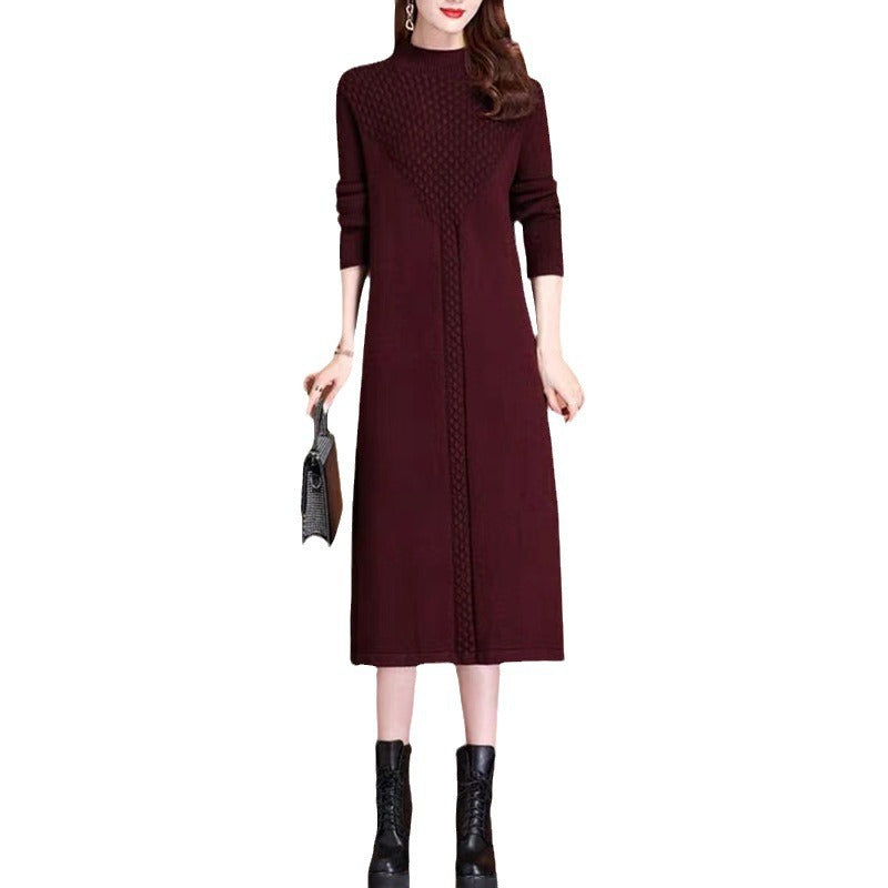 Women's knitted maxi dress with high collar and elegant cable details NOVAE