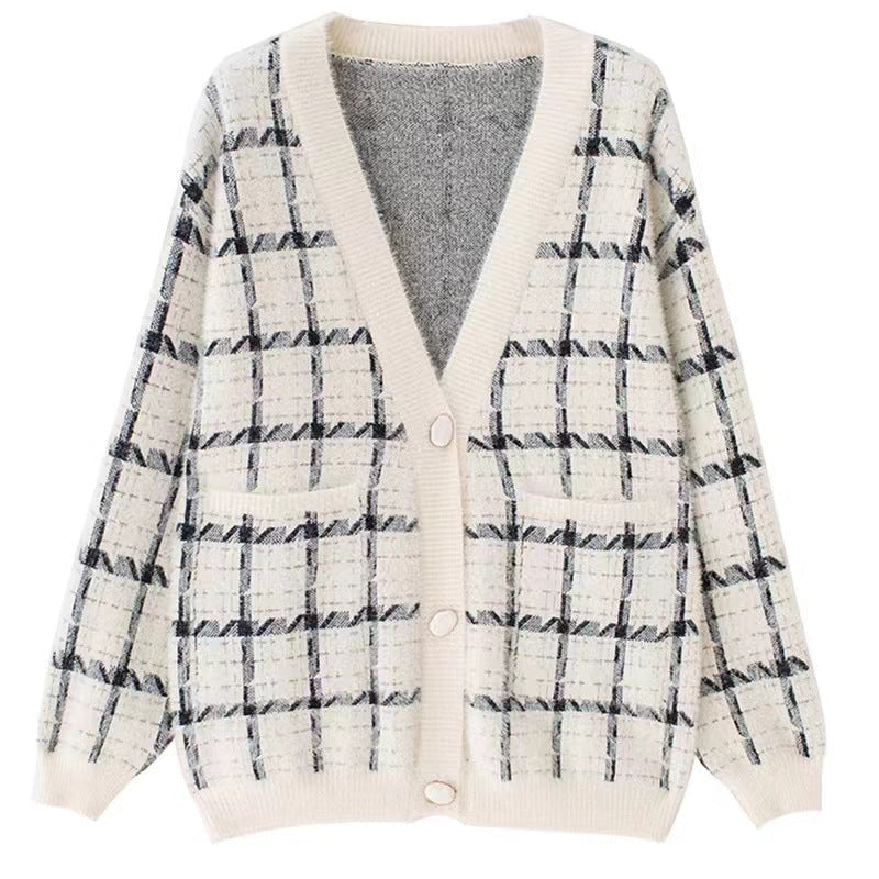 Women's Cozy Oversized Knit Cardigan with Check Pattern NOVAE