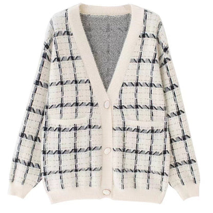 Women's Cozy Oversized Knit Cardigan with Check Pattern NOVAE