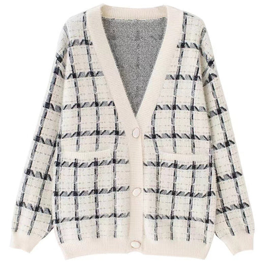 Women's Cozy Oversized Knit Cardigan with Check Pattern NOVAE