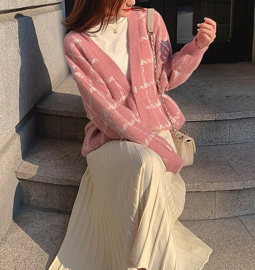 Women's Cozy Oversized Knit Cardigan with Check Pattern NOVAE